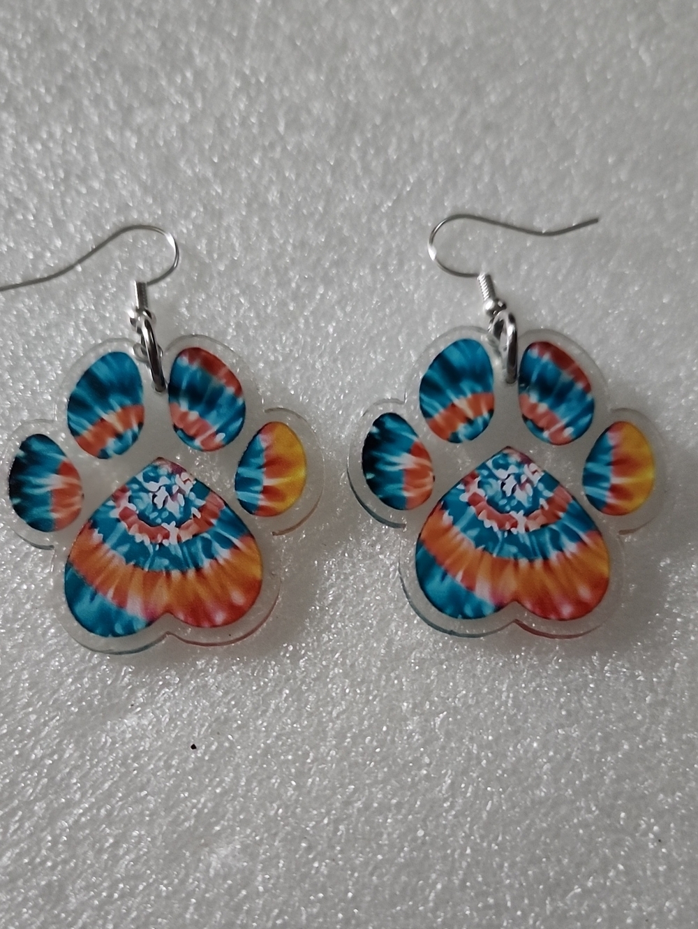 Hand Crafted Tie-Dye Paw Print Earrings - Blue, Orange, Yellow, Pink